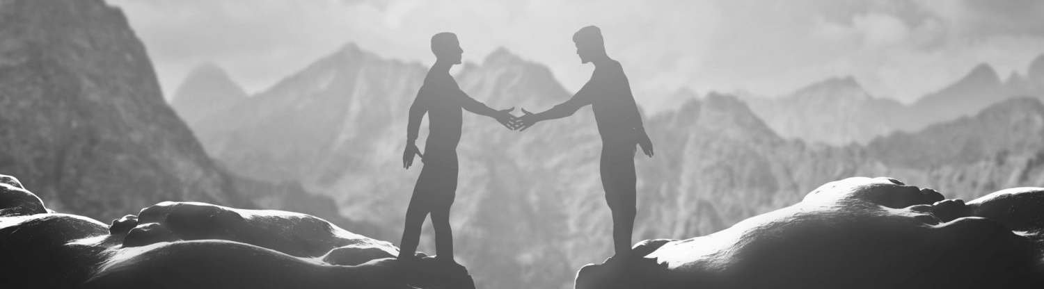 Two men shake hands over precipice. Business, handshake, deal.